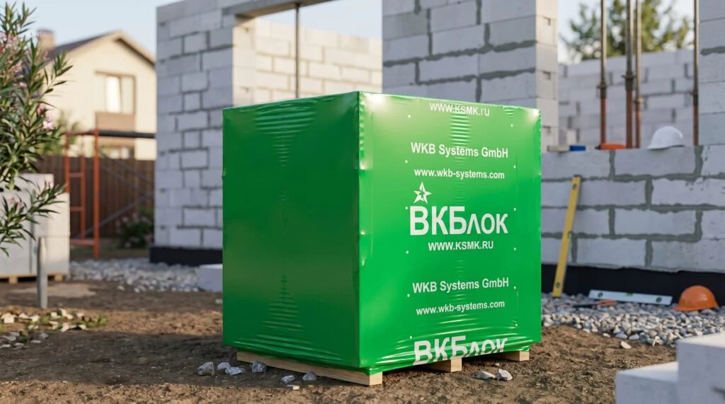 Поддон газоблоков ВКБлок на стройплощадке 625×250×250