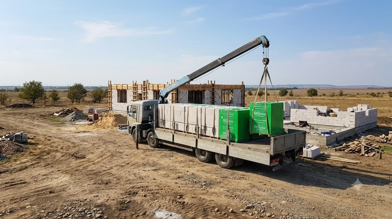 Разгрузка газоблоков ВКБлок на стройплощадке в Армавире