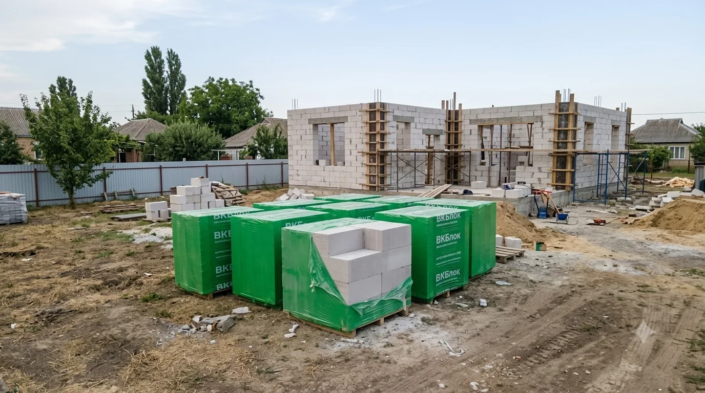 Поддоны газоблоков во дворе строящегося дома в Каневской
