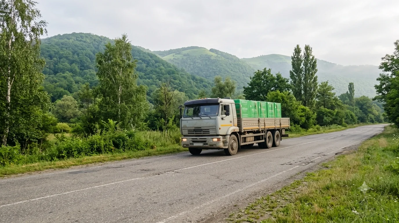 Грузовик с газоблоками ВКБлок в предгорьях Адыгеи по дороге в Майкоп